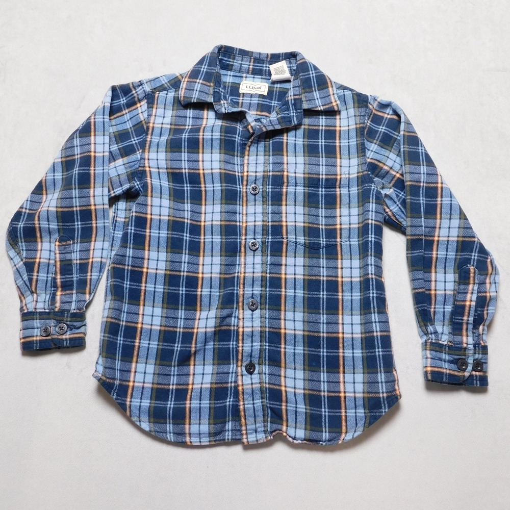 LL Bean Boys M5/6 Blue Orange Plaid Flannel Button Down Shirt Long Sleeve Pocket